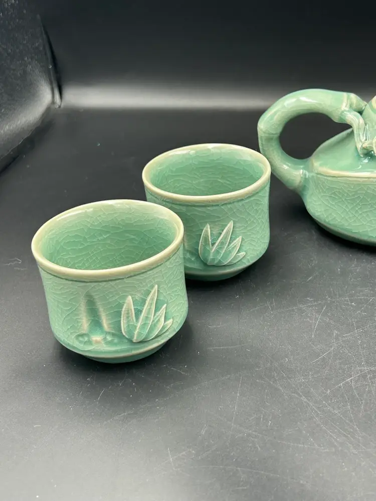 Vintage Korean Celedon, Bamboo Motif , Teapot, And Tea Cup Set