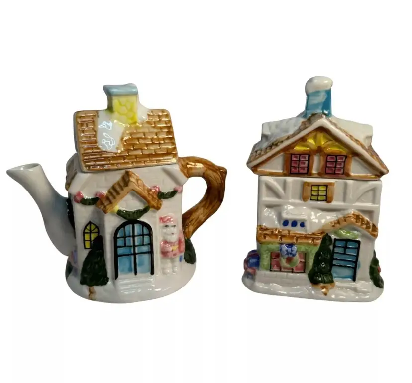 Sugar Bowl Creamer Set Houston Harvest Christmas Santa Ceramic Cottages