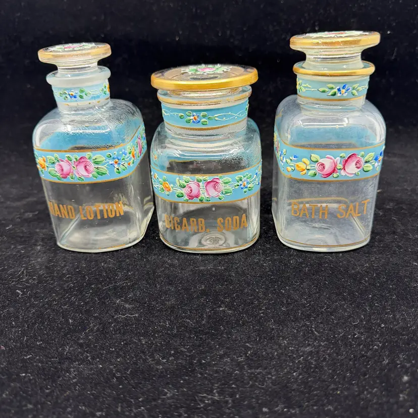 3 Antique Floral Painted Gold Gilt Glass Toiletry Apothecary Vanity Bottles