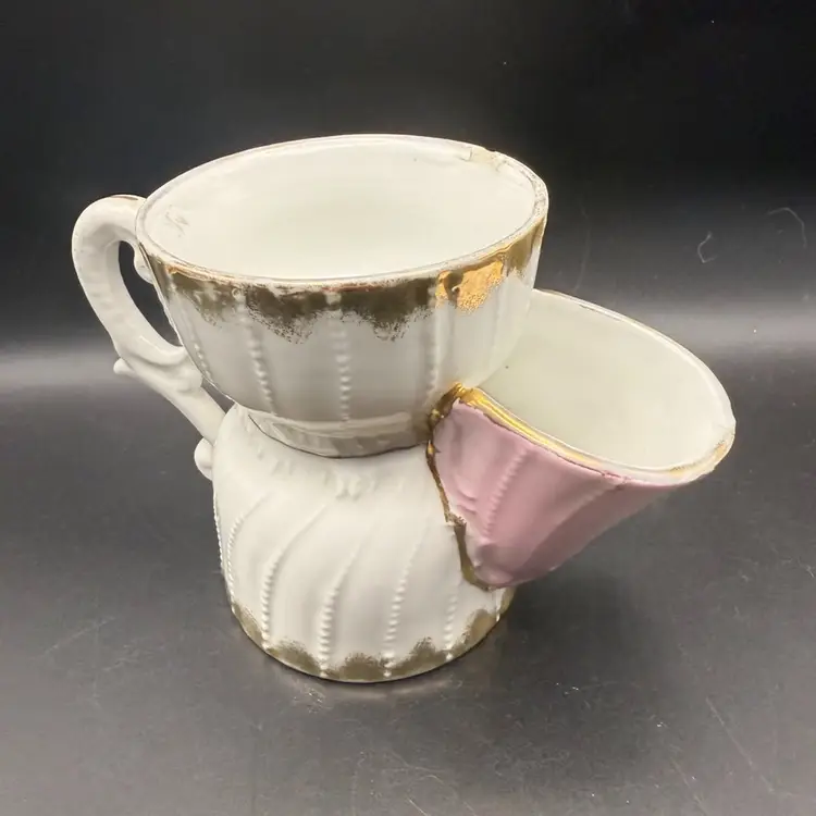Antique German Ceramic Shaving Scuttle With Gold Trim And Pink Spout - Some Wear Around Too See Pics