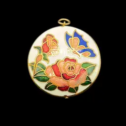 Cloisonne Pendant Butterfly Floral Double Sided Reversible Puffed | 1.25”