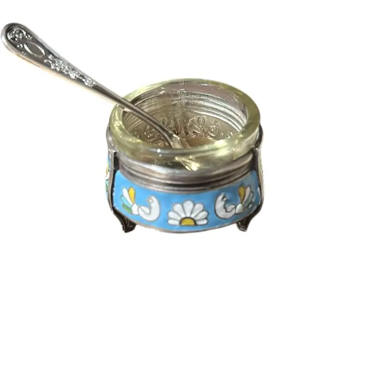 Vintage Russian Silver Tone Enamel Footed Salt Cellar Caviar Mustard Pot W Spoon Bird