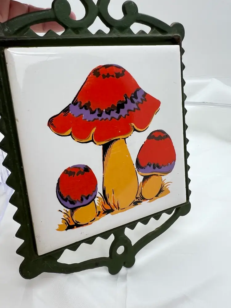 Vintage Mushroom Tile Trivet on Cast Iron
