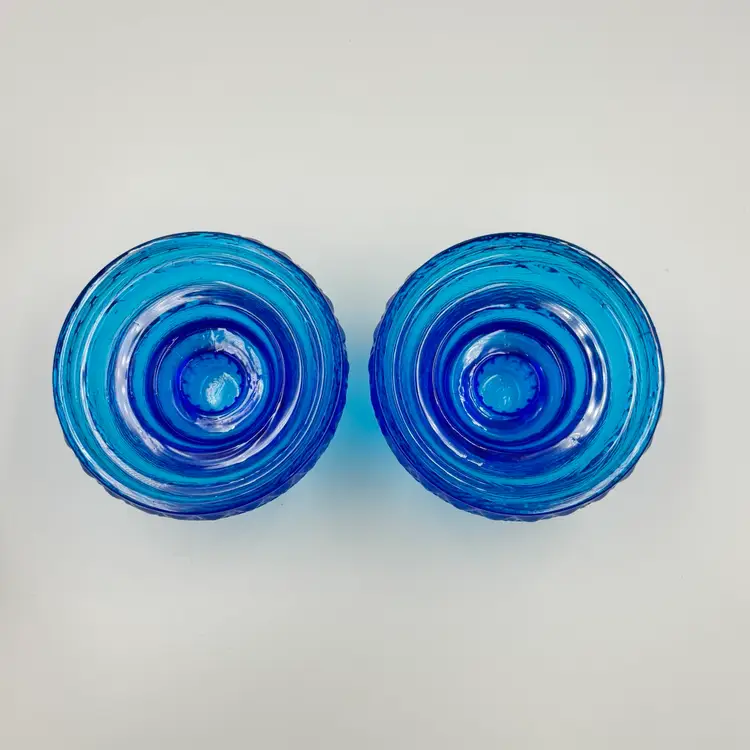 Vintage Pair Blue Pressed Glass Candle Holders 2.5”x4”
