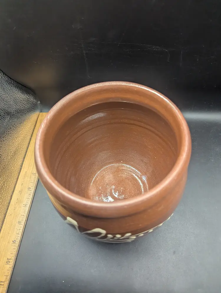 Vintage Redware Stoneware Crock Planter With Slip Decoration Unidentified Maker 7"