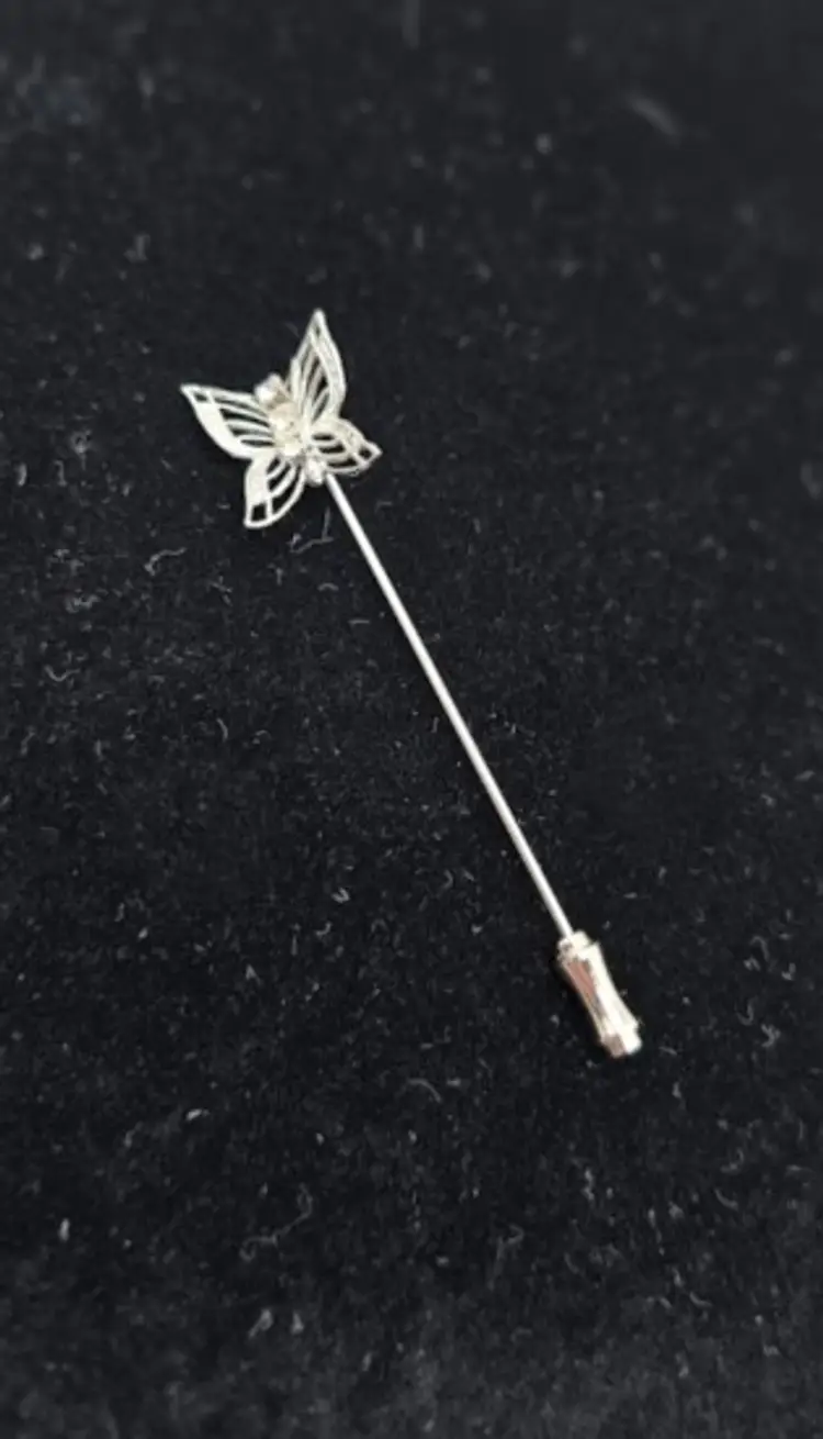 Silver Tone Filigree and Rhinestone Butterfly Stick Pin