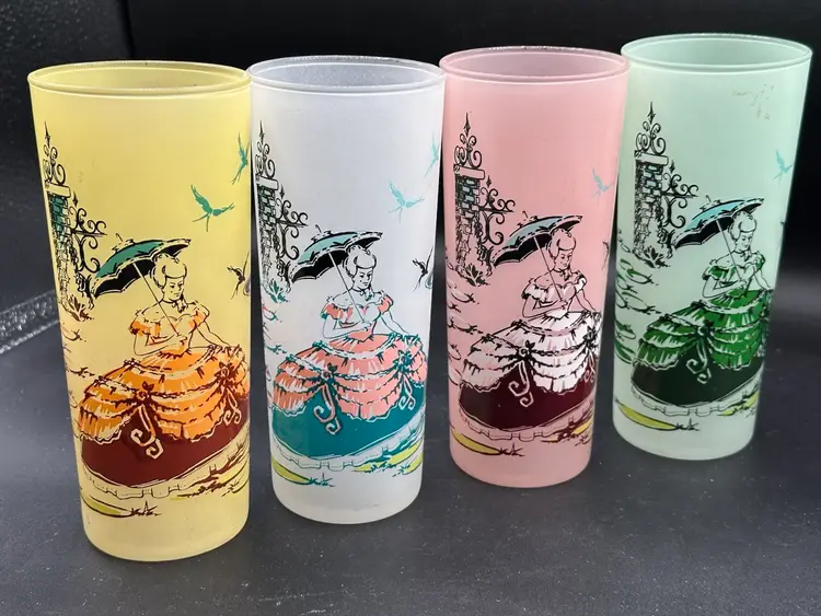 4 Vtg Libbey Southern Belle Pastel Frosted Tumblers Tom Collins Drink Glasses