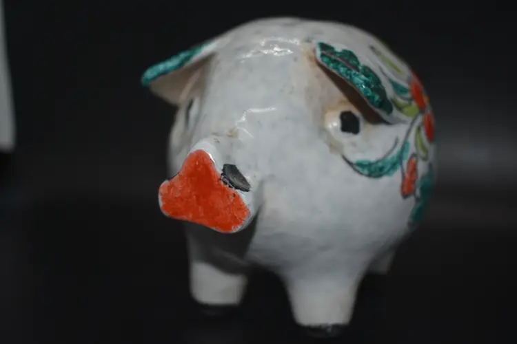 VTG Italian Pottery Still Piggy Bank Hand Painted Floral Art Pig J.W. Co. N.Y.