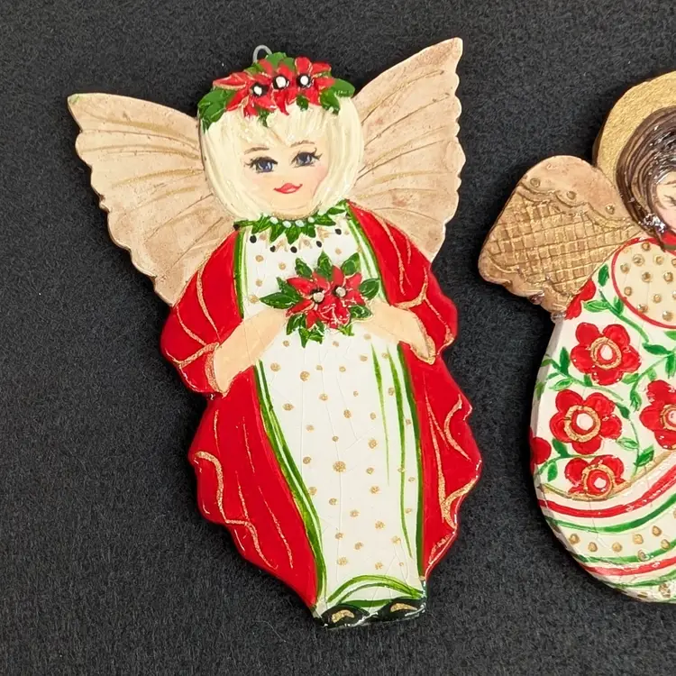 Vintage Angel Christmas Ornaments Folk Art Hand Painted Ceramic Signed '90 Marin