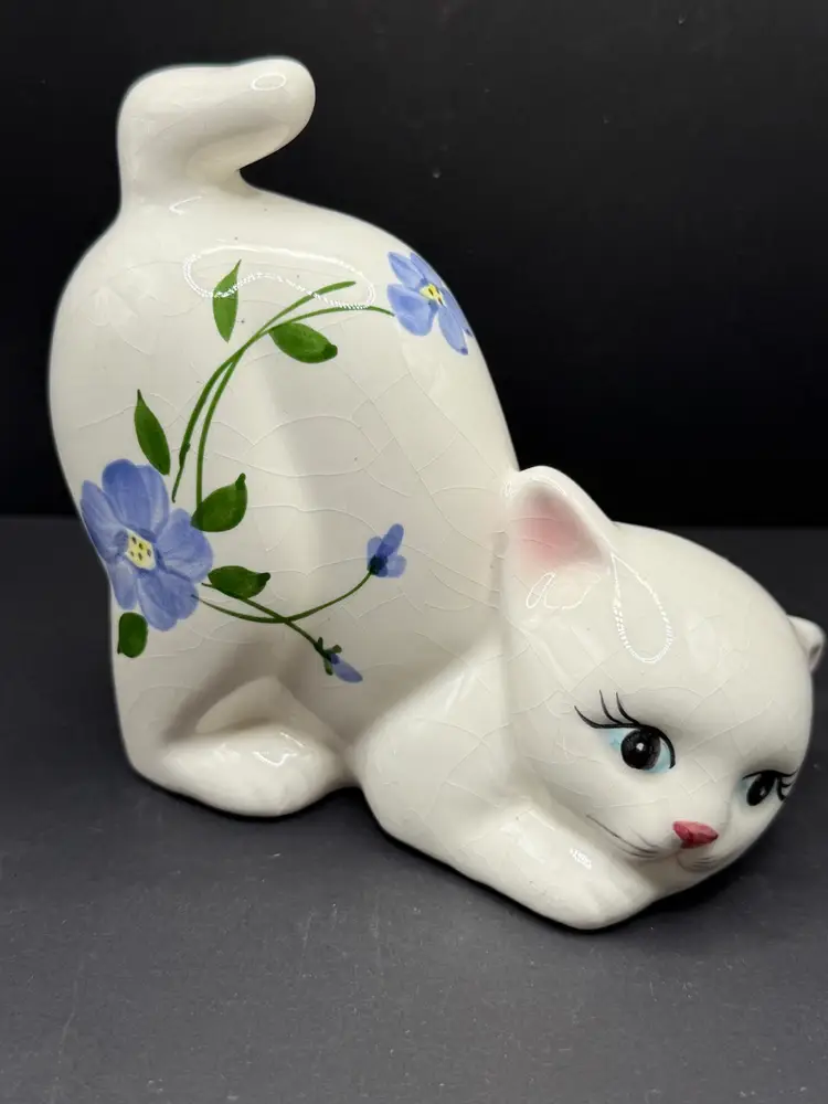 Ceramic Kitty Cat With Pretty Blue Flowers 5.5” Long