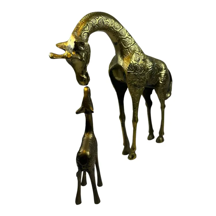 Vintage Brass Giraffe Mama with Baby 8.5” Wild Animal Safari Jungle
