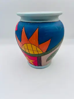 Pottery- Clay Handmade Vase Eclectic Free Spirit Design Bright Colors Artist Signed