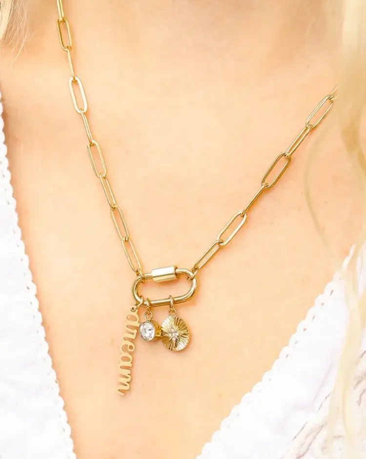 18K Gold PVD Stainless Steel Carabiner Dream Charm Paperclip Necklace