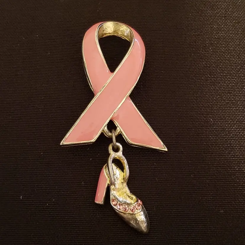 Breast Cancer Ribbon & Dangling Shoe Brooch Pin Payless 2004 Pink Enamel & Metal