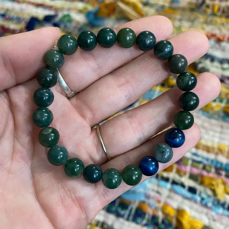Moss Agate & Blue Tiger’s Eye Crystal Bracelet 7” (avg Wrist Size)