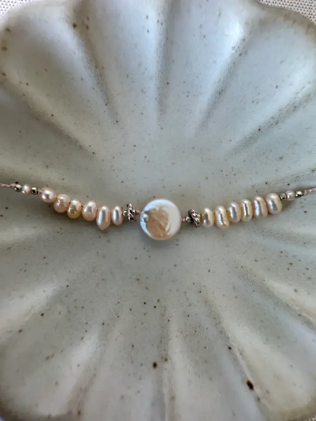 Hand knotted  Pearl Necklace Blush Pink Coin Pearl Pendant Pearls,Glass Crystals And Silver Clasps Necklace 21” #68