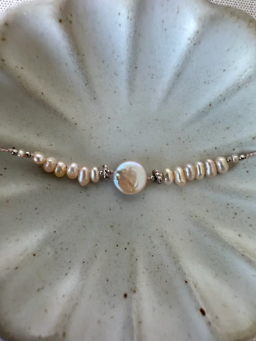 Hand knotted  Pearl Necklace Blush Pink Coin Pearl Pendant Pearls,Glass Crystals And Silver Clasps Necklace 21” #68