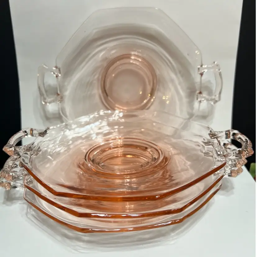 MARKDOWN! Pink Depression Glass Octagonal 2 Handled Plates Set Of 4, 7", 8.5" With Handles, Glows Green!!!! One Plate Has A Chip On Bottom Rim