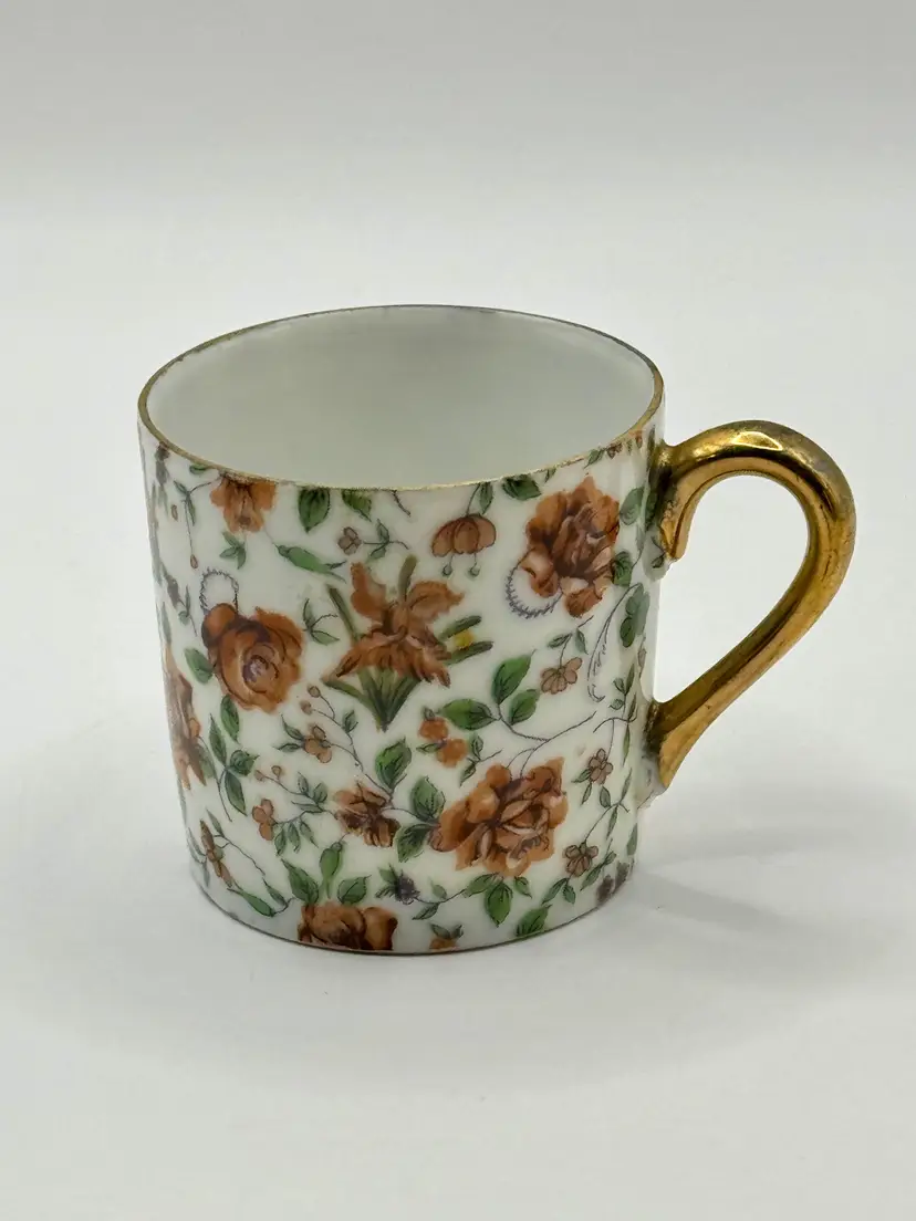 Vintage Orange Rose Chintz Pattern Floral Porcelain Demitasse Tea Cup with Gold Trim, Elegant Rose Pattern,  By Inarco, Made In Japan, MPN 10026