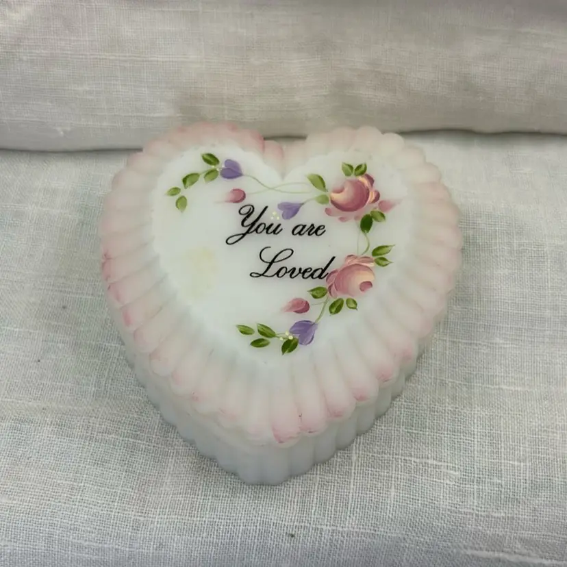 Fenton Hand-painted Rose Garden Satin Glass Heart Trinket Box “You Are Loved” - Signed