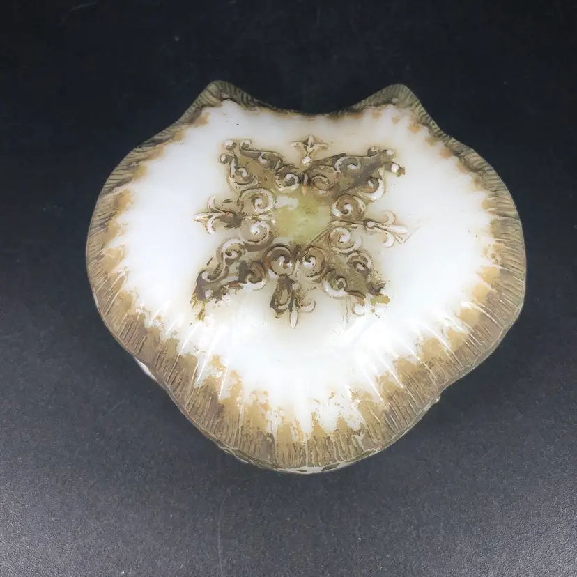 Victorian Vanity Milk Glass Gold Gilt Covered Powder Jar Trinket Box