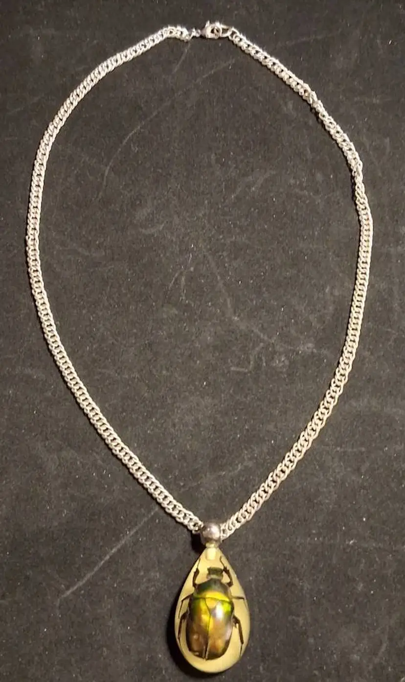 Silver-toned Real Jewel Beetle In Resin Necklace