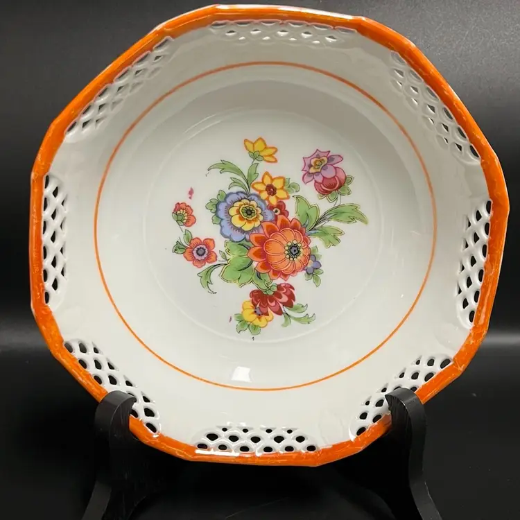 German Octagonal Reticulated Bowl- Vibrant Orange Trim - 6.5” Diameter