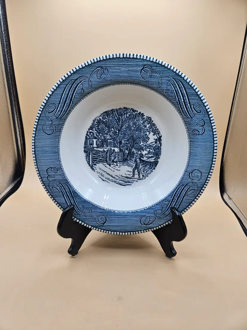 Currier and Ives "Home Sweet Home" Pattern Blue 10" Serving Vegetable Bowl