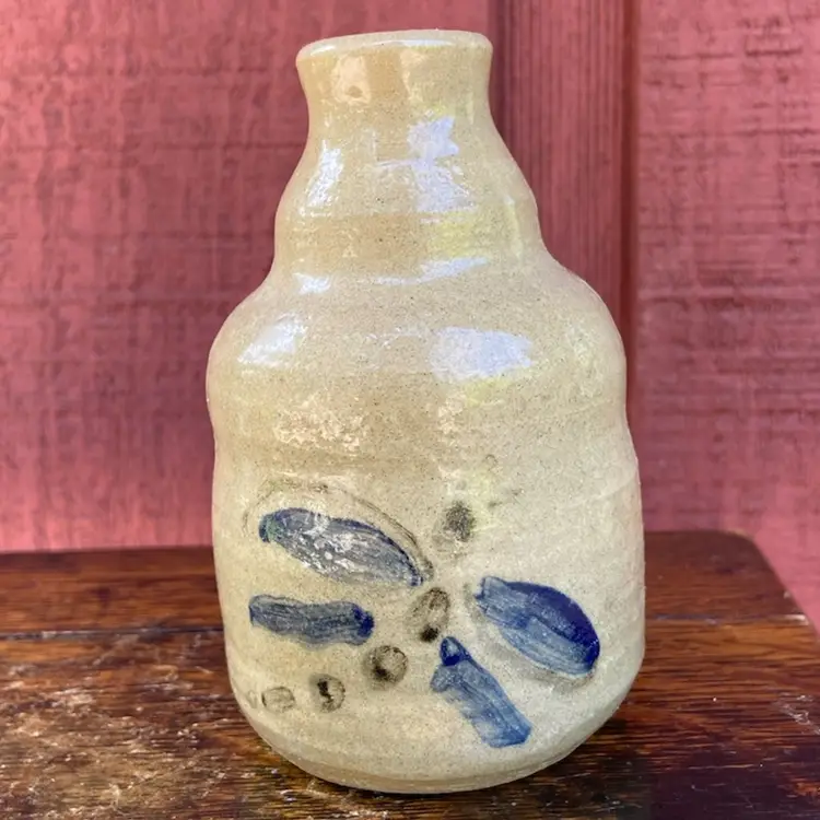 Pottery Bud Base. Painted On Two Sides With Dragonflies. Potentially Signed. 4.5”h.