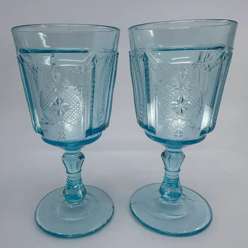 Vintage Aqua Blue Stemware Glass Goblets Set/2