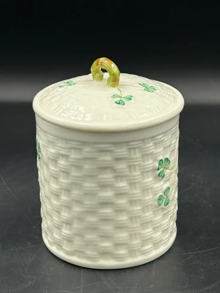 Vintage Belleek Shamrock Basketweave Lidded Jar Green Mark 1955-65
