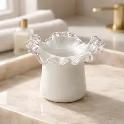 Vintage Fenton Silver Crest Milk Glass Top Hat Vase w/ Ruffled Clear Glass Rim, 3.5" Tall