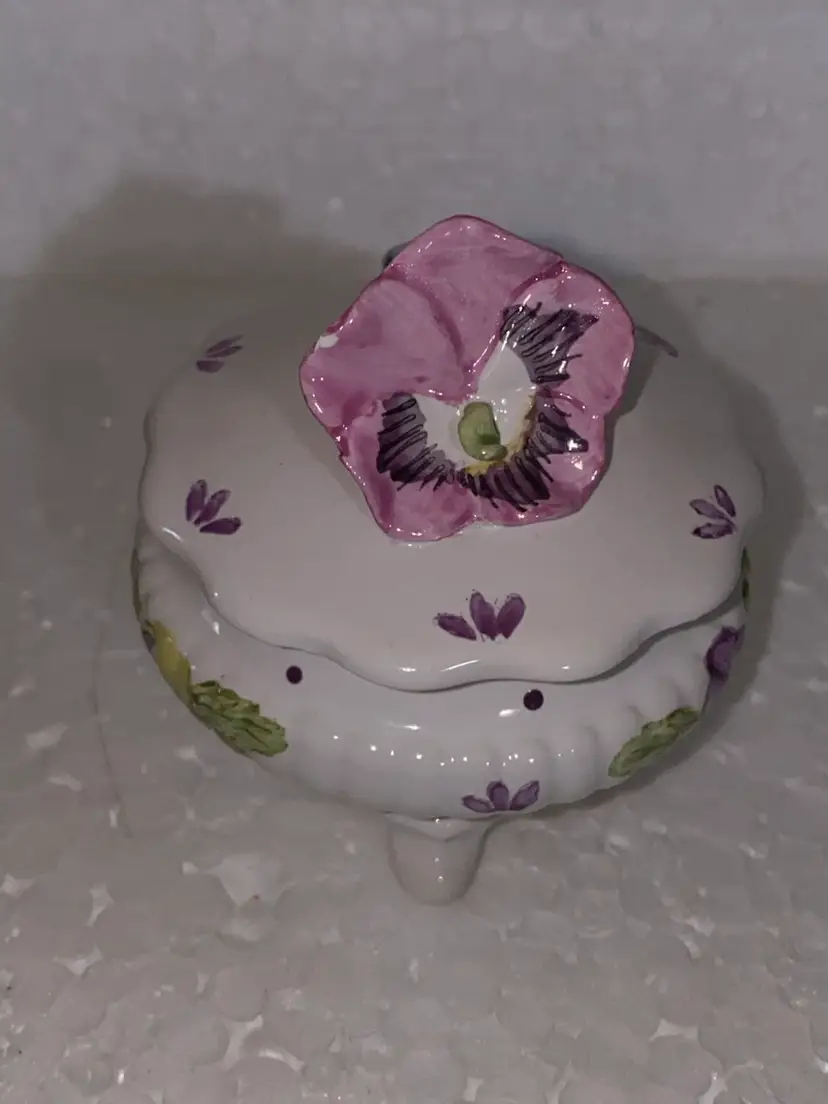 Beautiful Porcelain Flower And Bee Trinket Box Artist Signed "Khime"