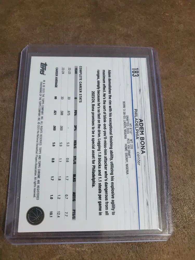 2025 Topps Chrome Adem Bona Philadelphia RC Card