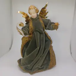 Vintage German Koestel Wax Face / Velvet Christmas Angel 10" Tree Topper Green