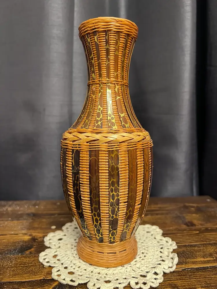 8” Rattan Woven Wicker Patterned Vase with ceramic insert. Garden Path Designs.