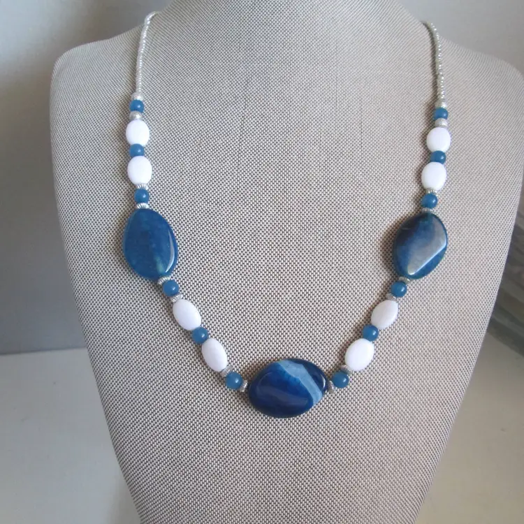 Blue and White Polished Agate Beaded Necklace with Silver Accents