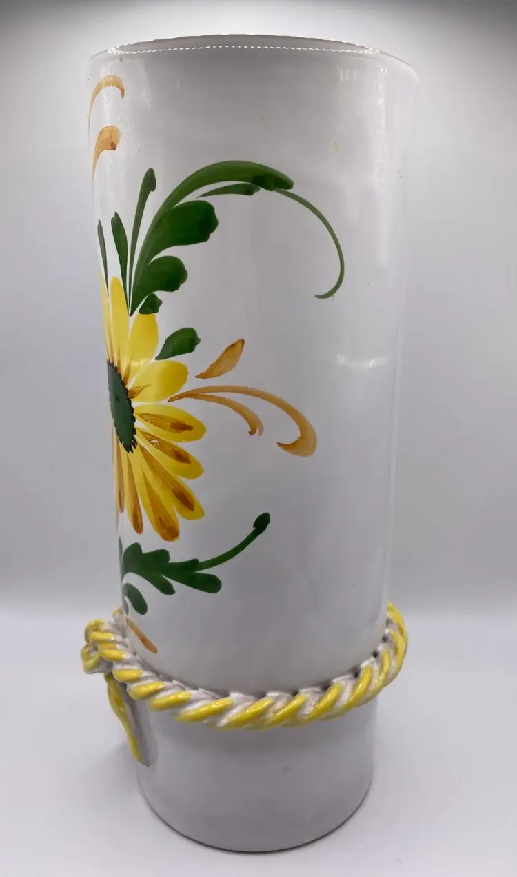 Vintage Italy Ceramic Vase With Flowers And Yellow Braided Rope