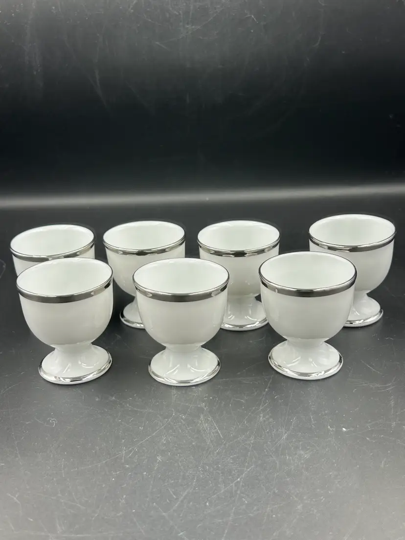 7 Vintage New Condition Noritake Ireland White Porcelain Egg Cups With Silver Rim On Top & Bottom