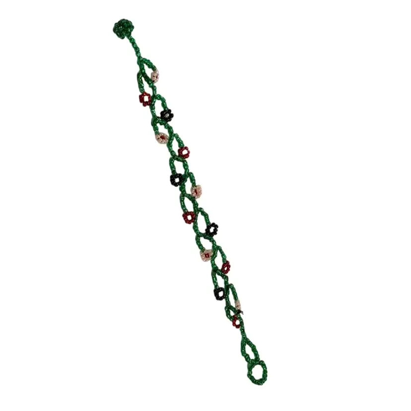 “1 Sunshine And 2 Water Bring The Flowers” Hand Beaded Flower On Green Vine Bracelet Made By Me With Glass Seed Beads 7.5” Study #4