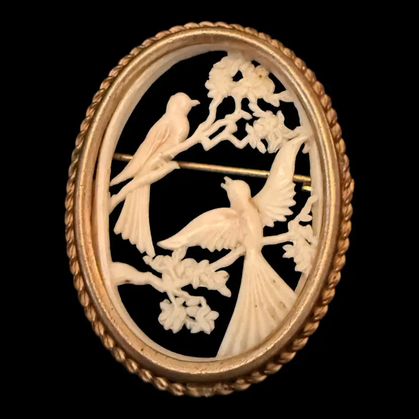 Carved Celluloid Bird Brooch 2”