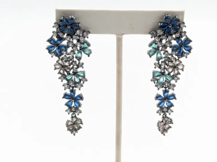Blue Floral Rhinestone Dangle Pierced Earrings Silver Tone