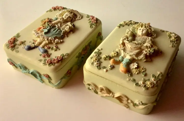 Bisque Trinket Boxes Two Girls Pink and Blue