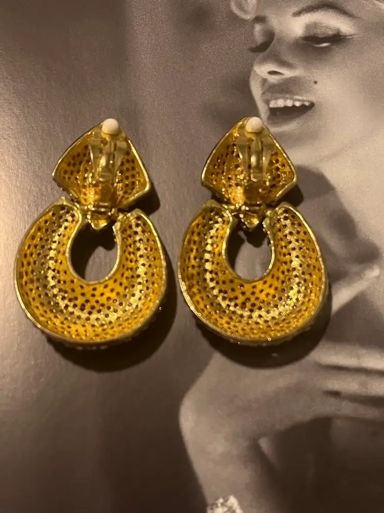 HUGE Gold Tone Sparkling Pave Crystals Door Knocker Earrings.