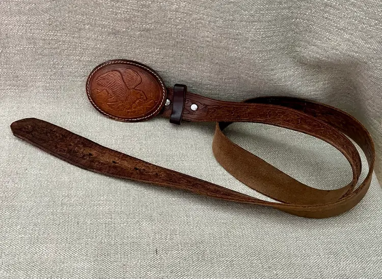 True Vintage Hand Tooled American Eagle Leather Wrapped Buckle Belt  Sz 36-38