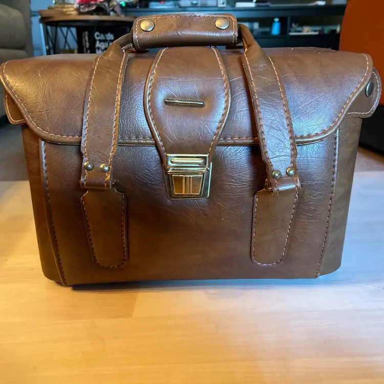 Vintage Brown Leather Camera & Accessories Bag Front-Load Carry Case 13x10x7"