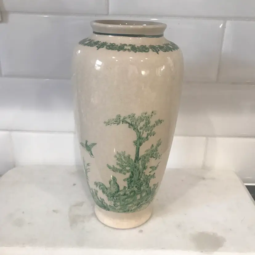 Vintage Cream And Green Transfer ware Vase Bird Motif Small Chip On Bottom Rim