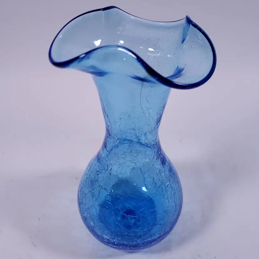 Vintage MCM RAINBOW Handblown Blue Crackle Ruffled GLASS BUD VASE
