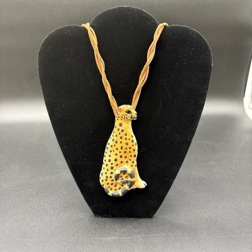 Vintage Carol Halmy Porcelain Large Cheetah Pendant On Leather Cord.