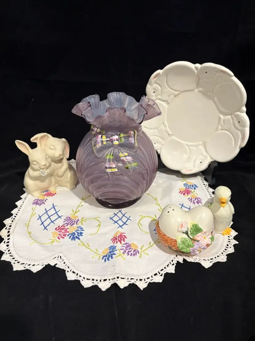 Easter Inspired Vignette w/ Fenton, Dept 56, Avon & Homco